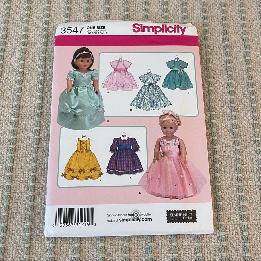 New Simplicity Doll Dress Sewing Pattern 3547